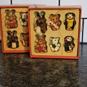 Vtg Dakin 80s Wood Animals Winter Ornaments NOS 12 Total Moose Penguin Bear Pets